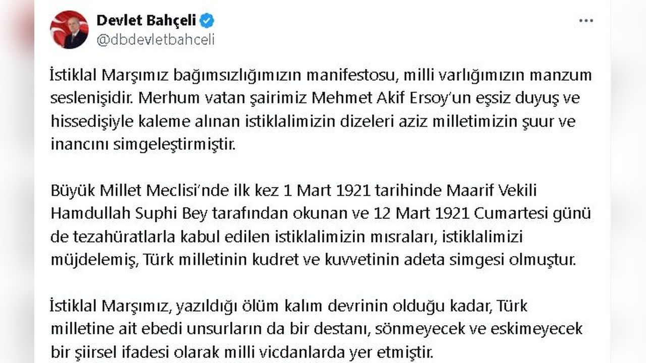 Bahçeli, İstiklal Marşı'nın 104. Yıl Dönümünü Kutladı