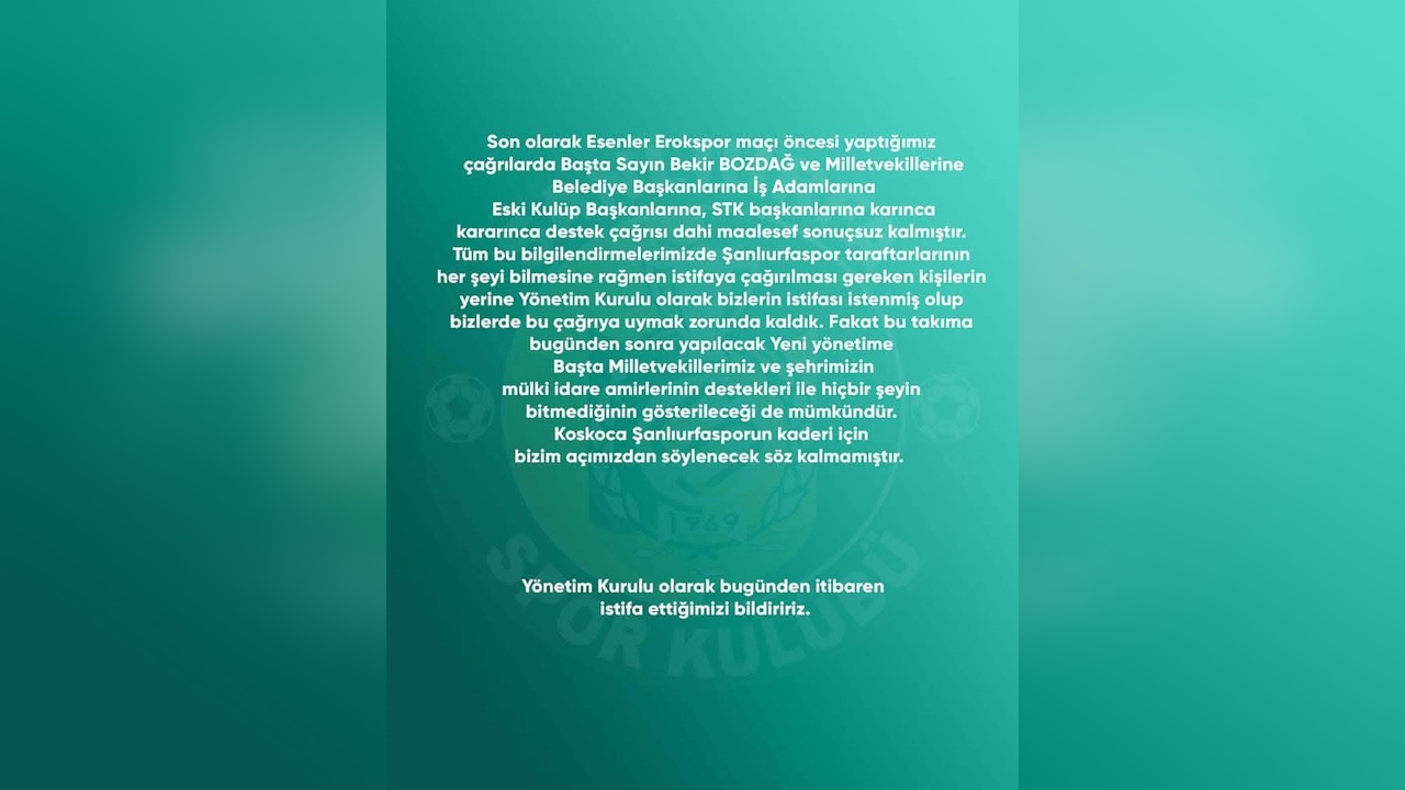 Şanlıurfaspor Yönetim Kurulu İstifa Etti