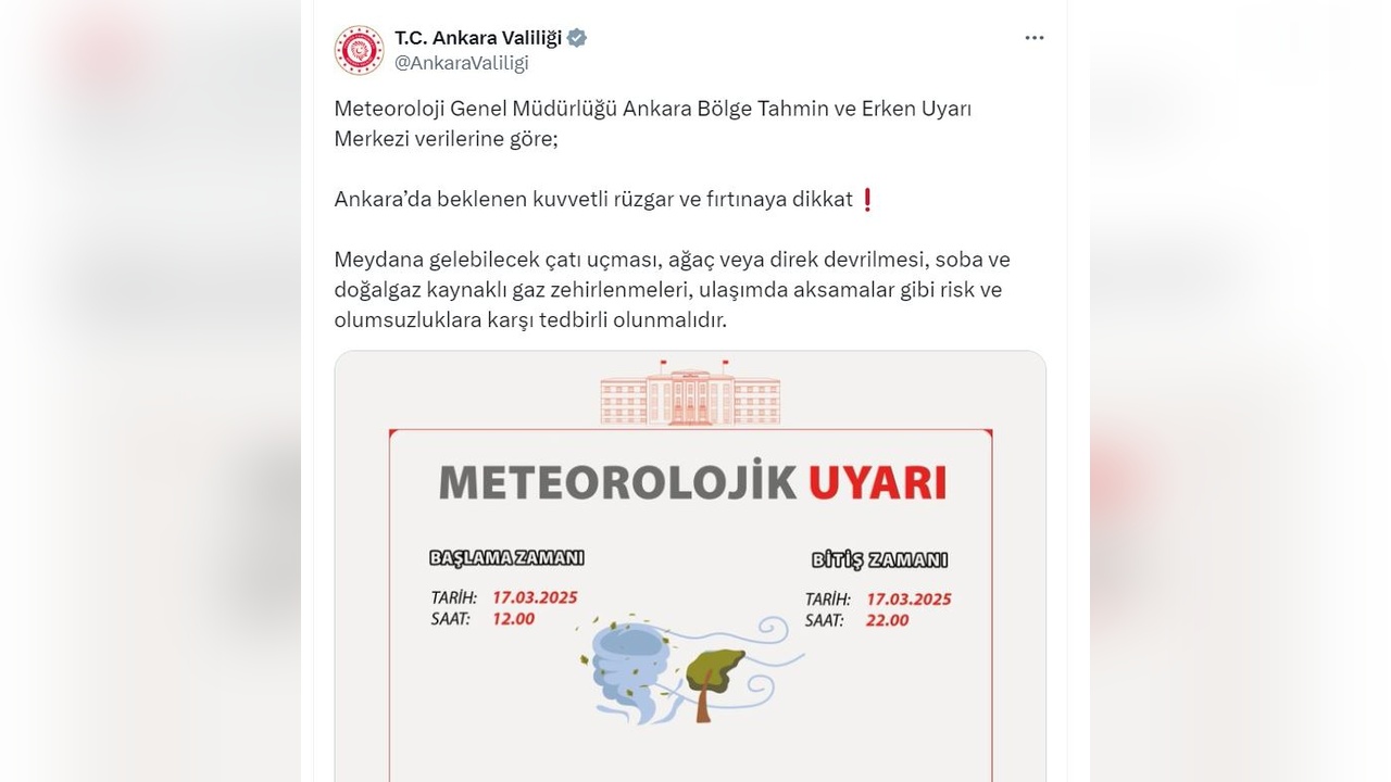 Ankara'da Fırtına Uyarısı Yapıldı