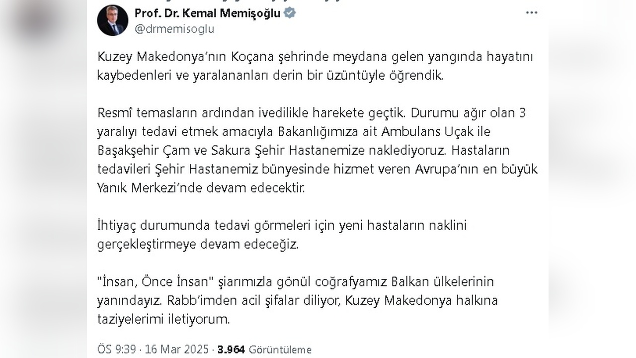 Kuzey Makedonya Yangınında Yaralanan Üç Kişi İstanbul'a Uçuruluyor