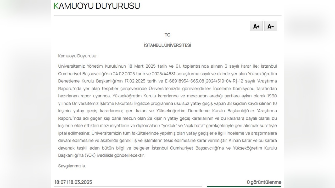 İstanbul Üniversitesi'nden Diploma Soruşturması Açıklaması