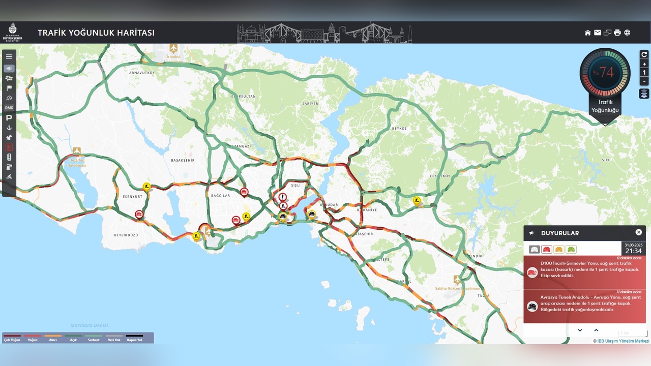 İstanbul Trafiğinde Yoğunluk Yüzde 74'e Ulaştı