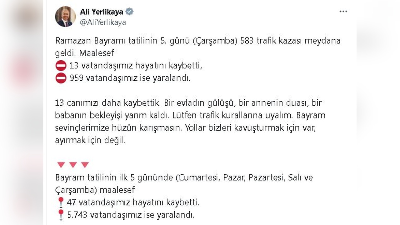 Bayram Tatilinde Trafik Kazalarında 47 Kişi Hayatını Kaybetti