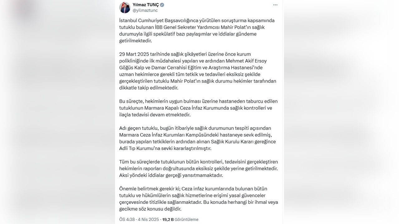 Bakan Tunç, Mahir Polat Hakkında Açıklamalarda Bulundu