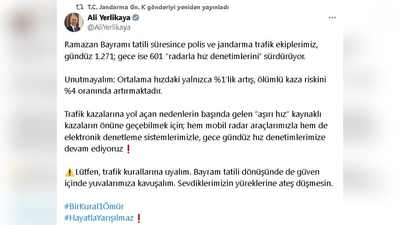 Bakan Yerlikaya, Sürücülere Aşırı Hız Konusunda Uyarıda Bulundu