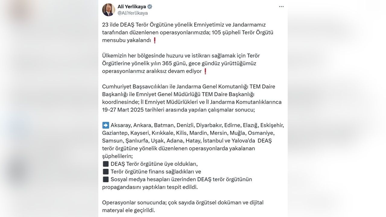 DEAŞ'a Yönelik 23 İlde Geniş Kapsamlı Operasyon Düzenlendi