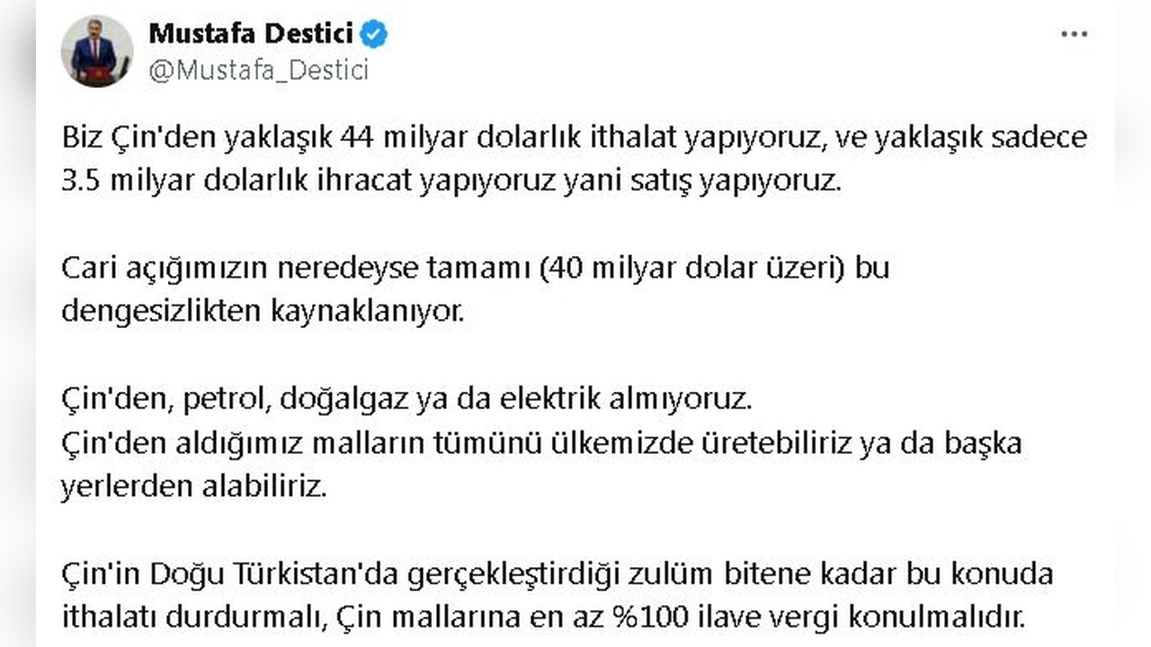 Destici, Çin Mallarına Yüzde 100 Ek Vergi Önerdi