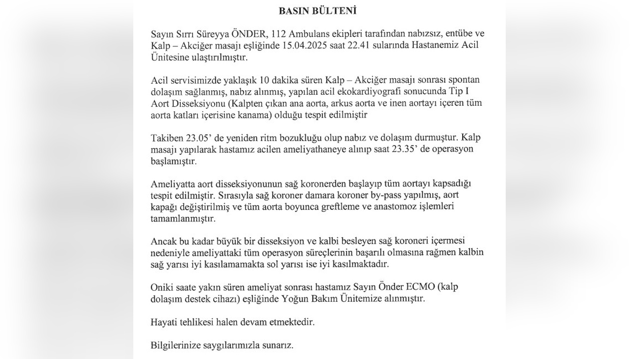 Sırrı Süreyya Önder'in Sağlık Durumuna İlişkin Hastaneden Açıklama Geldi