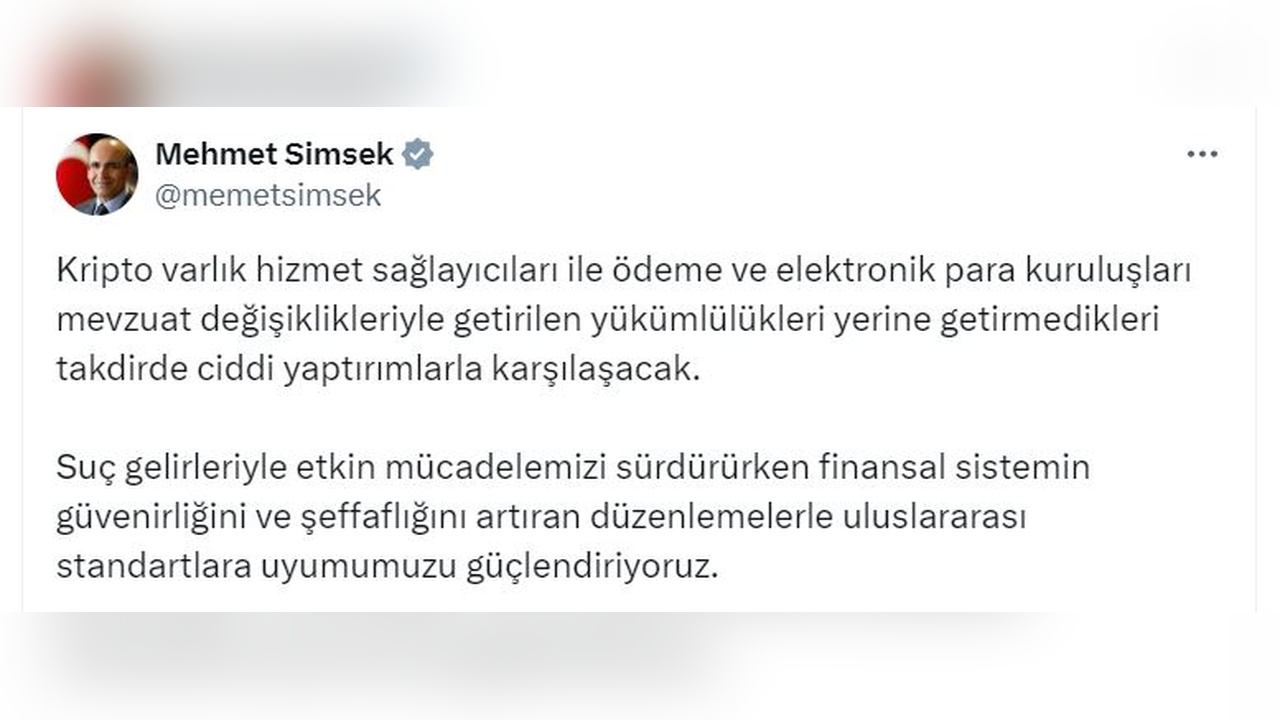 Bakan Şimşek, Kripto Hizmet Sağlayıcıları ve Ödeme Kuruluşlarını Uyardı