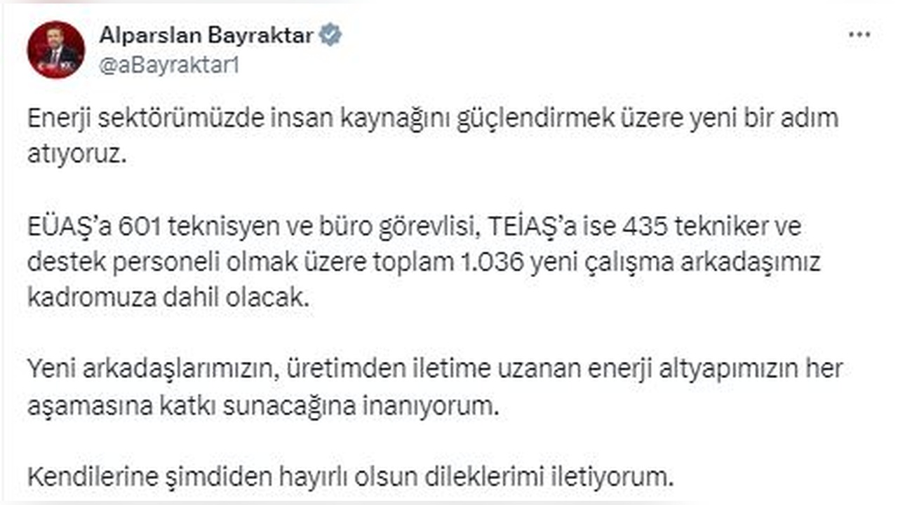 EÜAŞ ve TEİAŞ'ta Toplam 1036 Yeni Personel Alımı Yapılacak