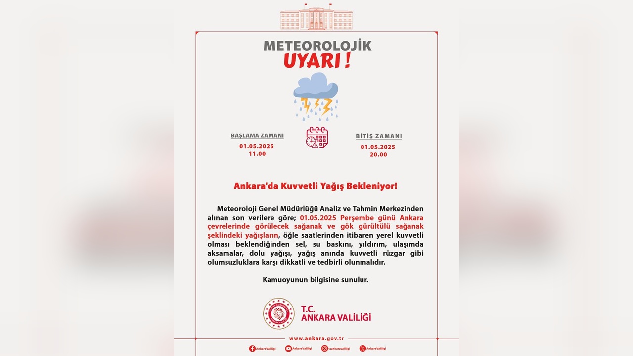 Ankara Valiliği 1 Mayıs'ta Yoğun Sağanak Yağışa Karşı Uyardı