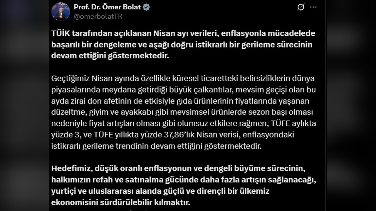 Bakan Bolat: TÜİK Verileri Enflasyonla Mücadelede Dengeli Bir Başarıyı Gösteriyor