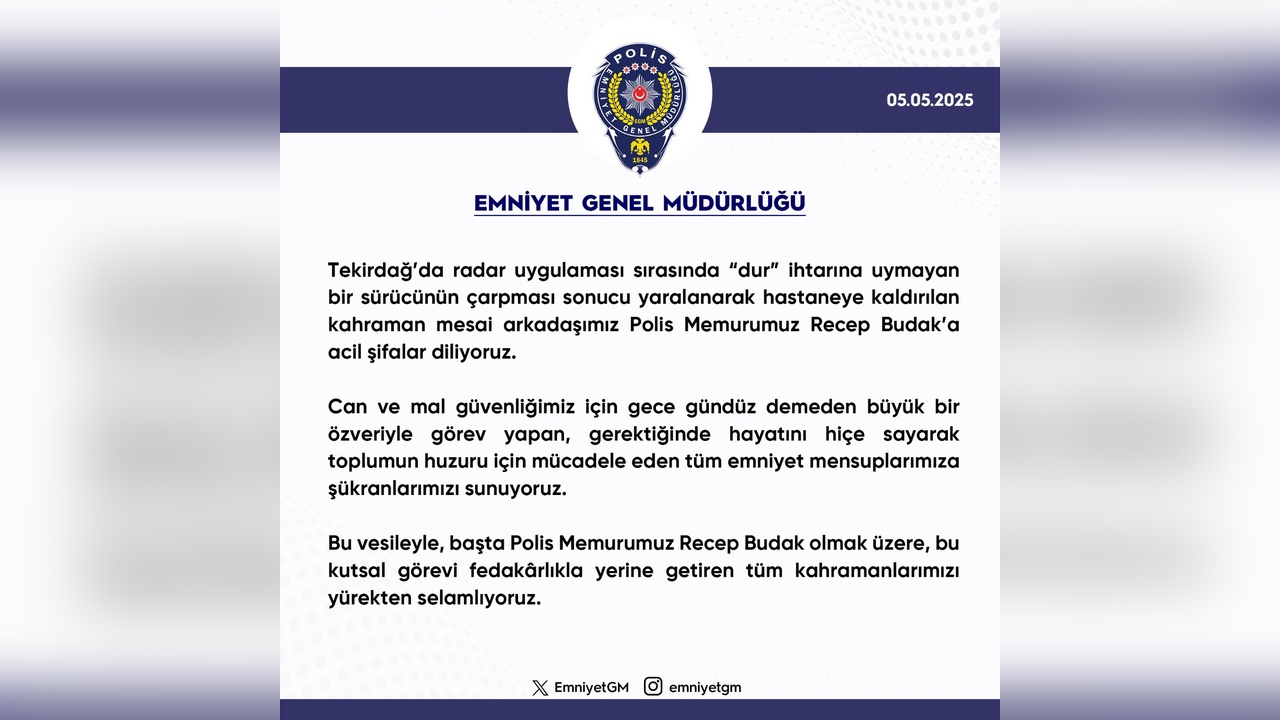 Tekirdağ'da 'Dur' İhtarına Uymayan Sürücünün Çarptığı Polis Tedavi Altında