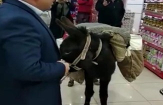 Markete eşekle geldi, poşet yerine heybeyi kullandı