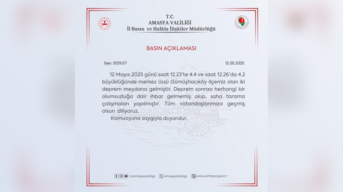 Amasya'da 4.4 ve 4.2 Büyüklüğünde Depremler: 3 İlçede Okullar Tatil Edildi
