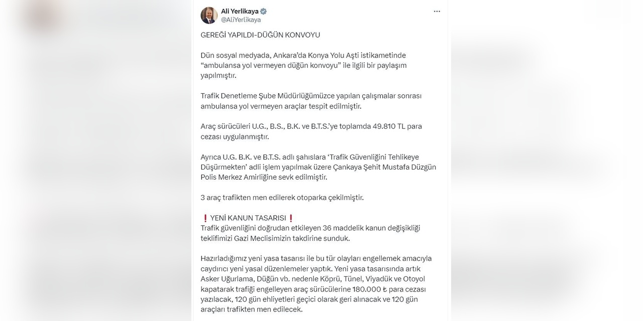 Yerlikaya'dan Trafik Cezalarına Dair Yeni Açıklama: 180 Bin TL Ceza ve Ehliyet Geri Alımı