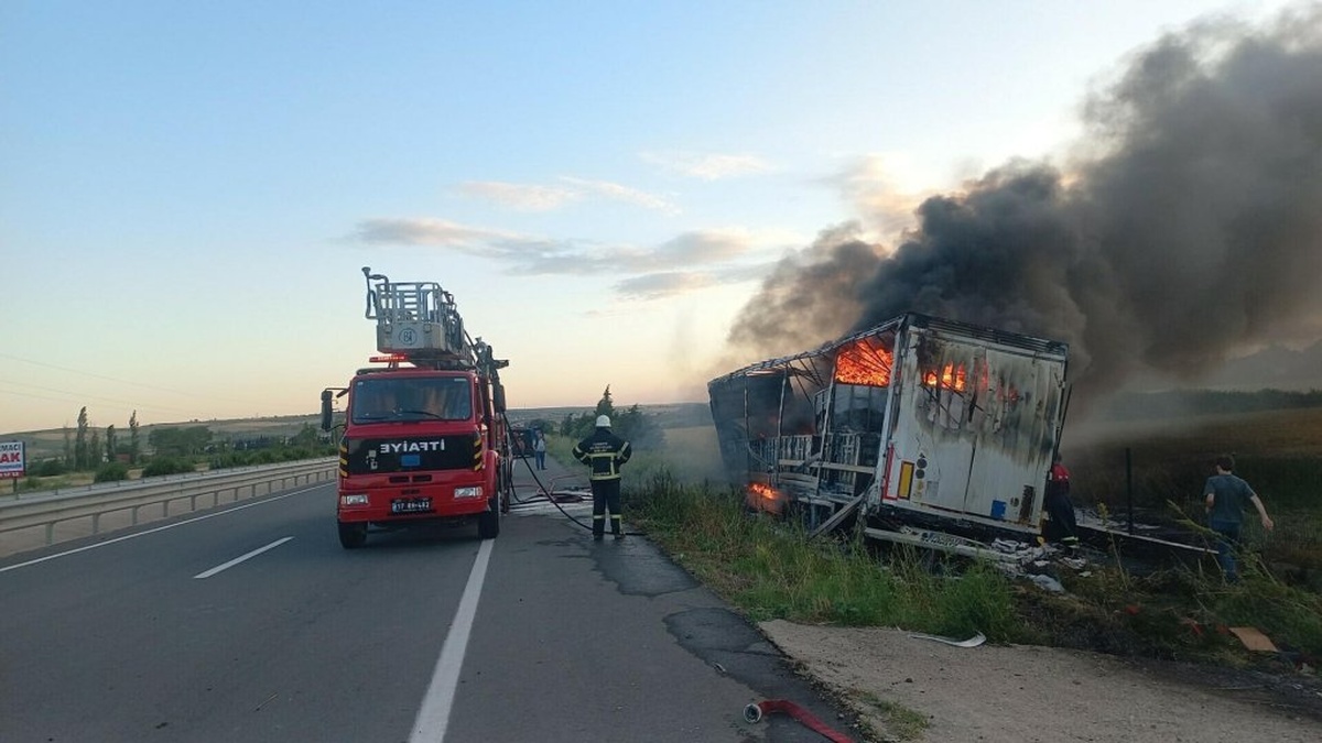 Gelibolu'da alkollü TIR sürücüsü tarlaya uçtu: Araç alev aldı