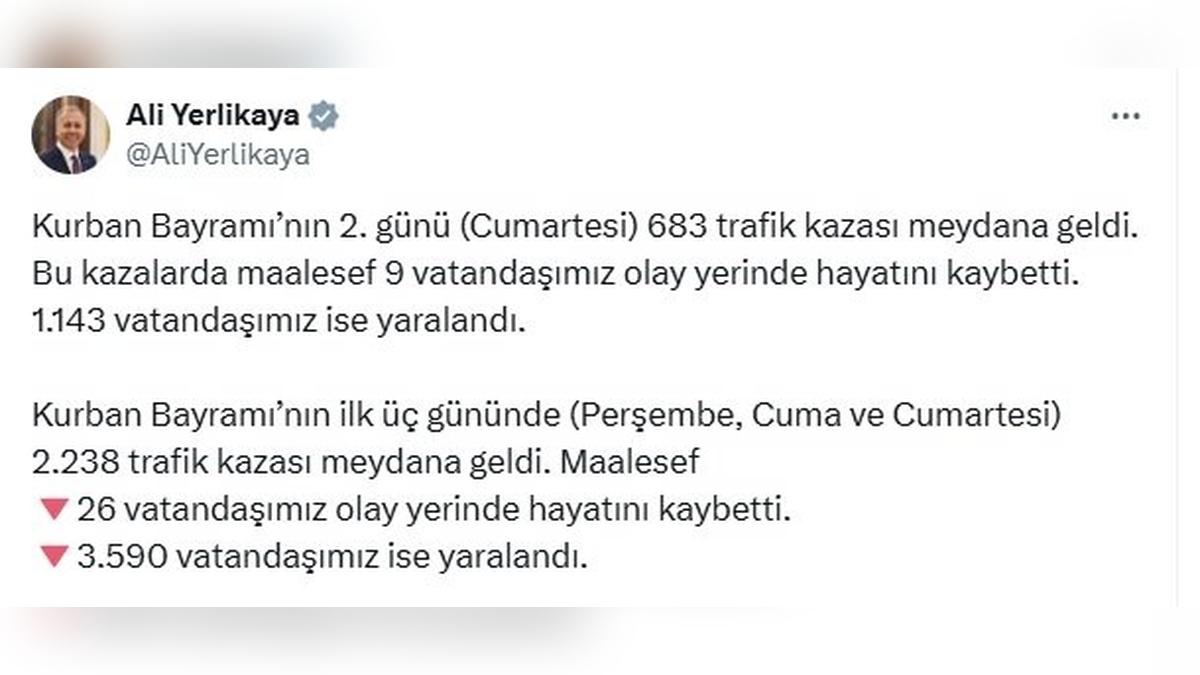 Yerlikaya: Kurban Bayramı'nda 26 ölü, 3590 yaralı