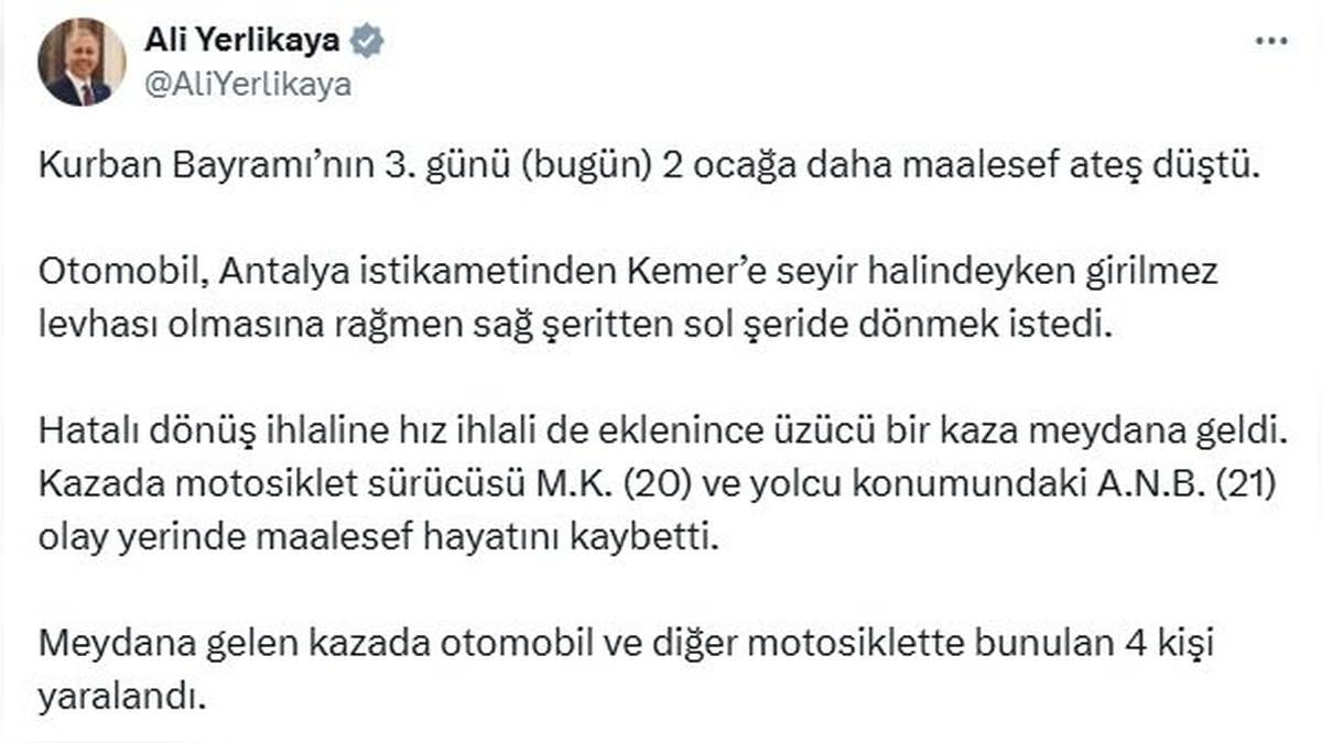 Antalya'da feci kaza: 2 ölü, 4 yaralı