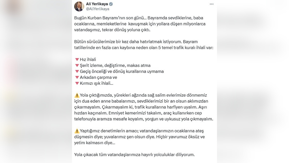 Yerlikaya'dan bayram dönüşü trafik uyarısı: 5 temel kural ihlali