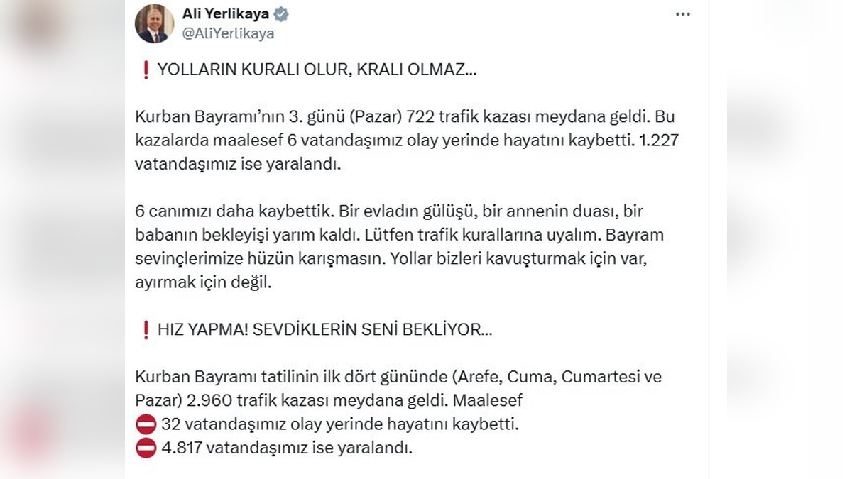 Yerlikaya: Kurban Bayramı'nda 32 ölü, 4817 yaralı