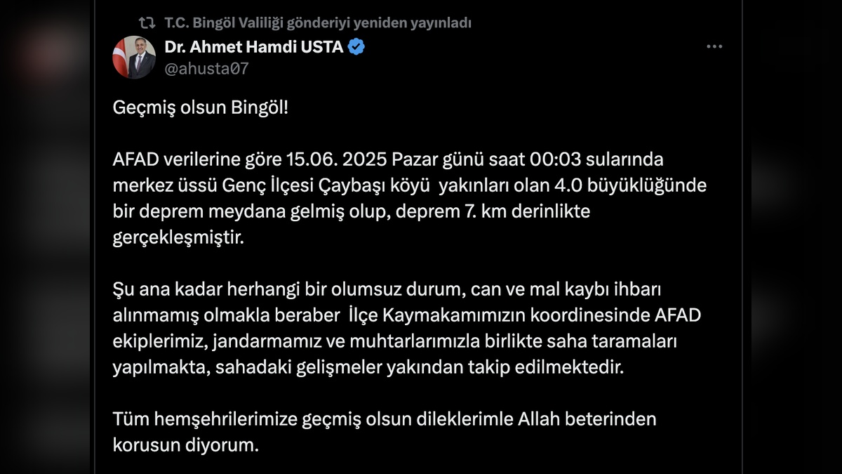 Bingöl Valisi Usta: Genç ilçesindeki depremde olumsuz durum yok