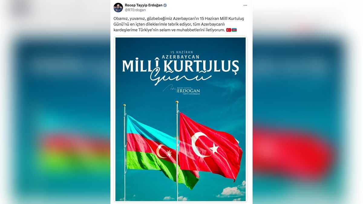 Erdoğan'dan Azerbaycan'a kutlama mesajı: 'Millî Kurtuluş Günü'nü tebrik ediyorum