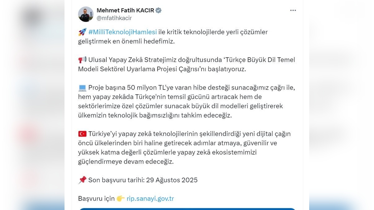 Kacır: 50 milyon TL'ye varan hibe ile Türkçe yapay zeka modelleri geliştirilecek