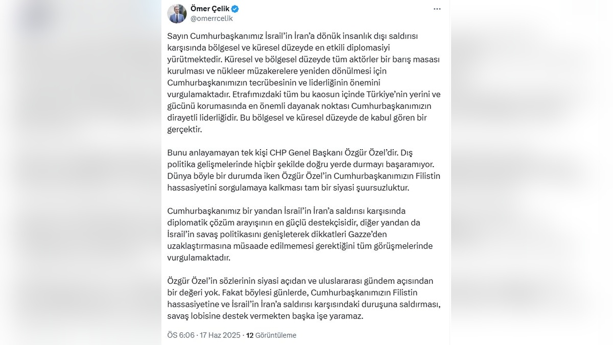 Çelik: Özel’in Filistin hassasiyeti eleştirisi siyasi şuursuzluk