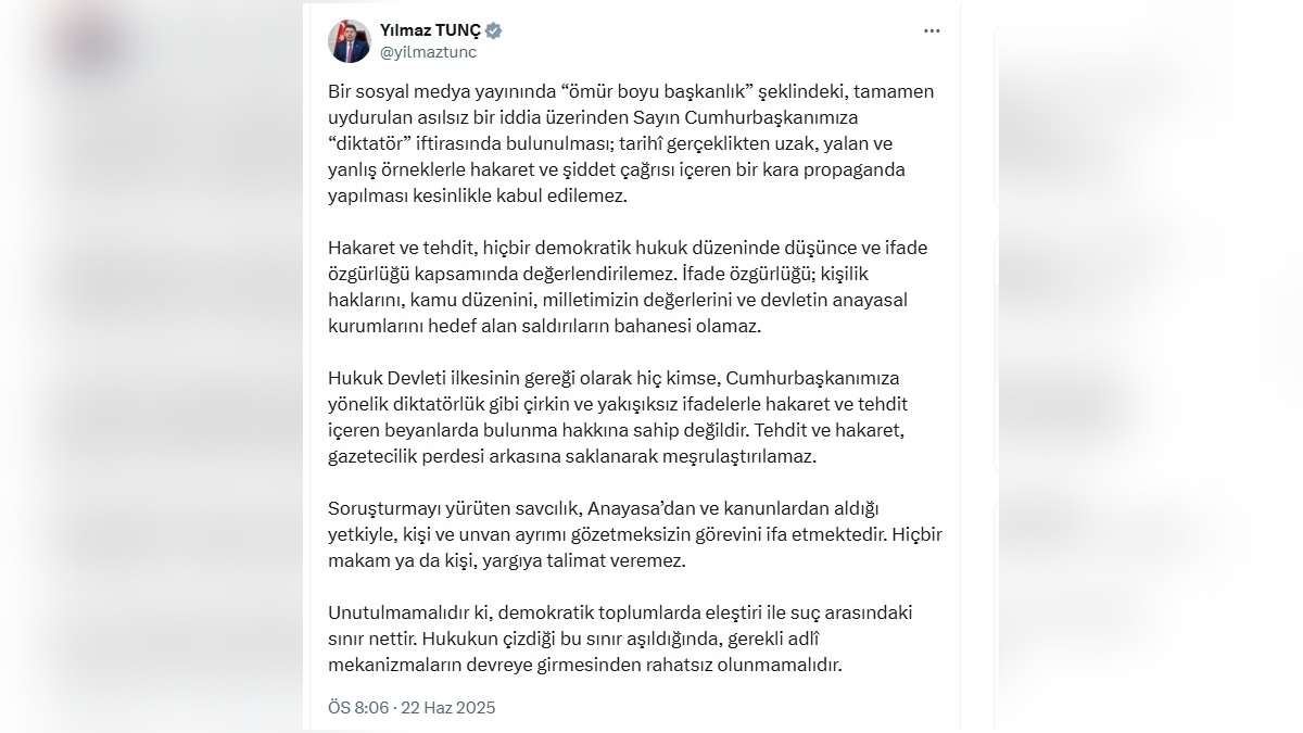 Tunç: Erdoğan'a 'diktatör' iftirası kabul edilemez