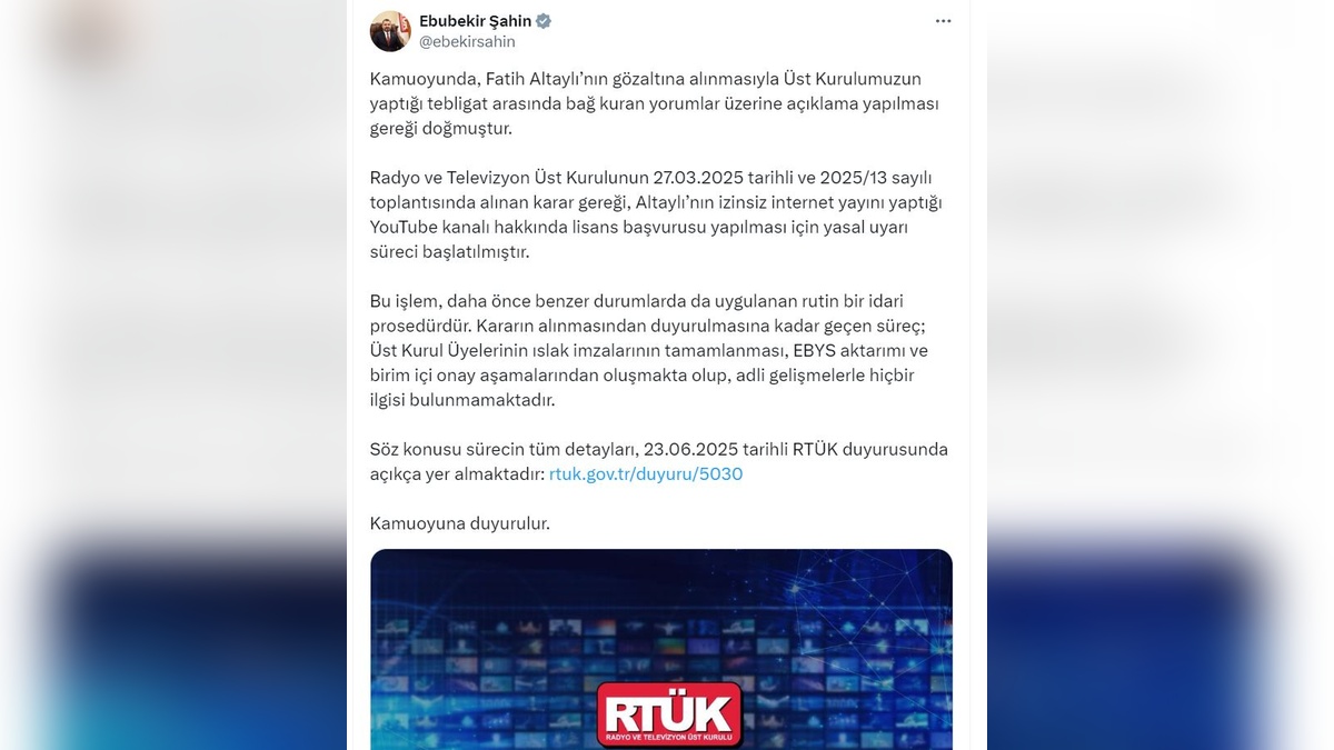 RTÜK Başkanı Şahin: Fatih Altaylı'nın YouTube kanalı için yasal uyarı süreci başlatıldı