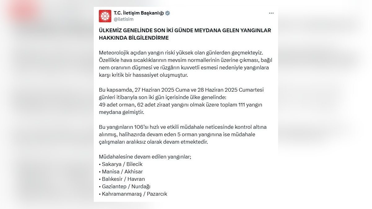 İletişim Başkanlığı: 111 yangın çıktı, 106'su kontrol altında