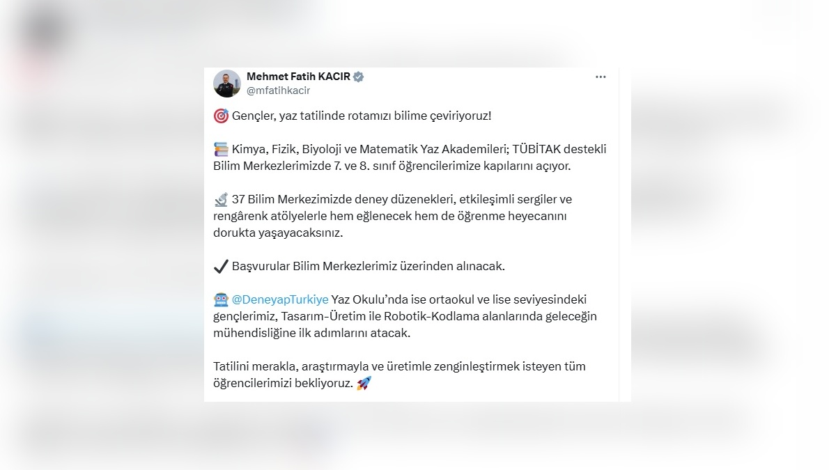 Kacır: Gençler, yaz tatilini bilim merkezlerinde geçirecek