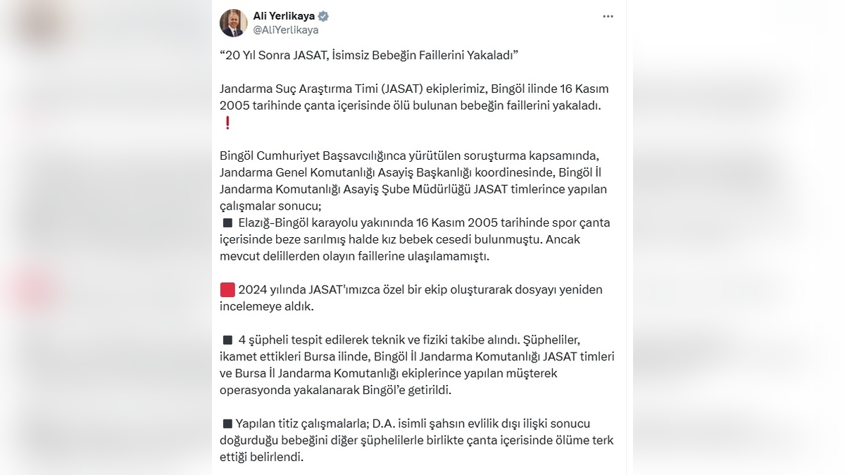 İçişleri Bakanı Yerlikaya: 2005'te Bingöl'de bulunan bebek cesedi davasında tutuklama