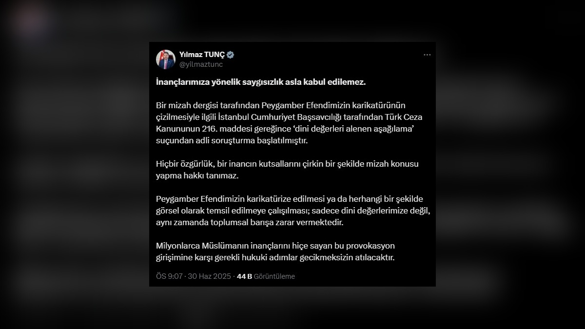 Adalet Bakanı Tunç: Leman Dergisi'ne dini değerleri aşağılama suçundan soruşturma