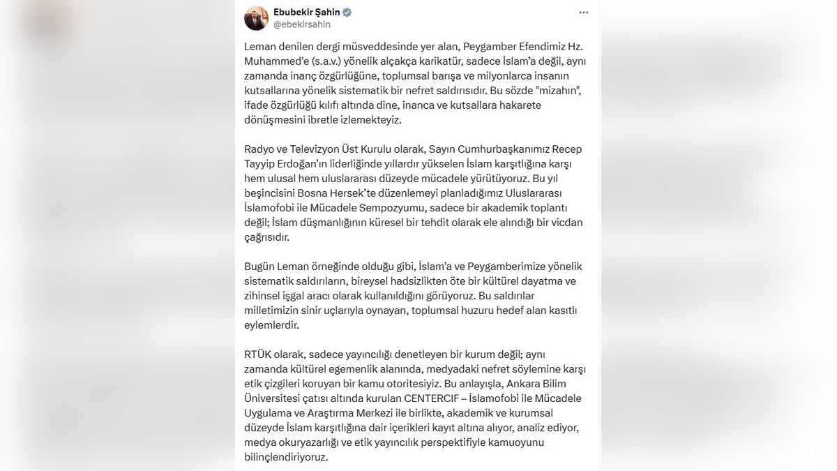 RTÜK Başkanı Şahin: İslamofobi, bir güvenlik ve insanlık meselesi