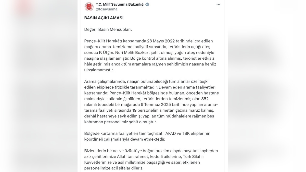 MSB: Pençe-Kilit Harekatı'nda metan gazına maruz kalan 19 askerden 5'i şehit