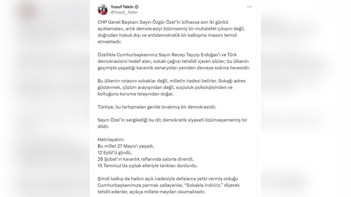Tekin'den Özel'e: 'Sokak çağrısı, demokrasi düşmanlığıdır'