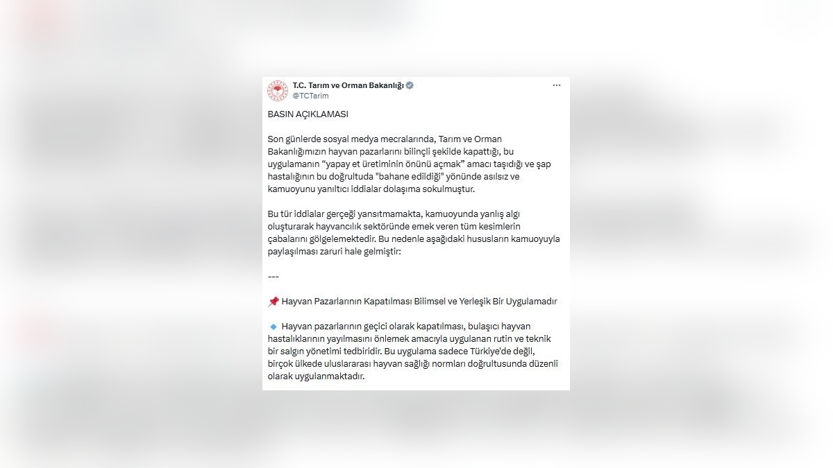 Tarım Bakanlığı: Hayvan pazarı kapatmalarının yapay et üretimiyle ilgisi yok