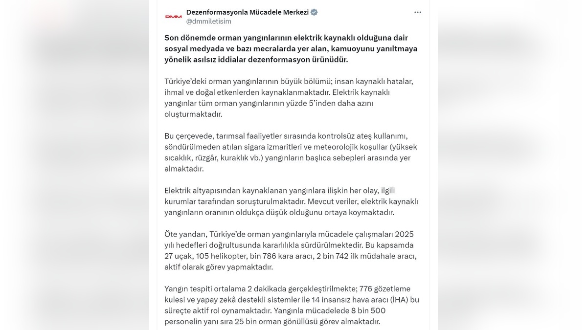 İletişim Başkanlığı: Orman yangınlarının yüzde 5'inden azı elektrik kaynaklı