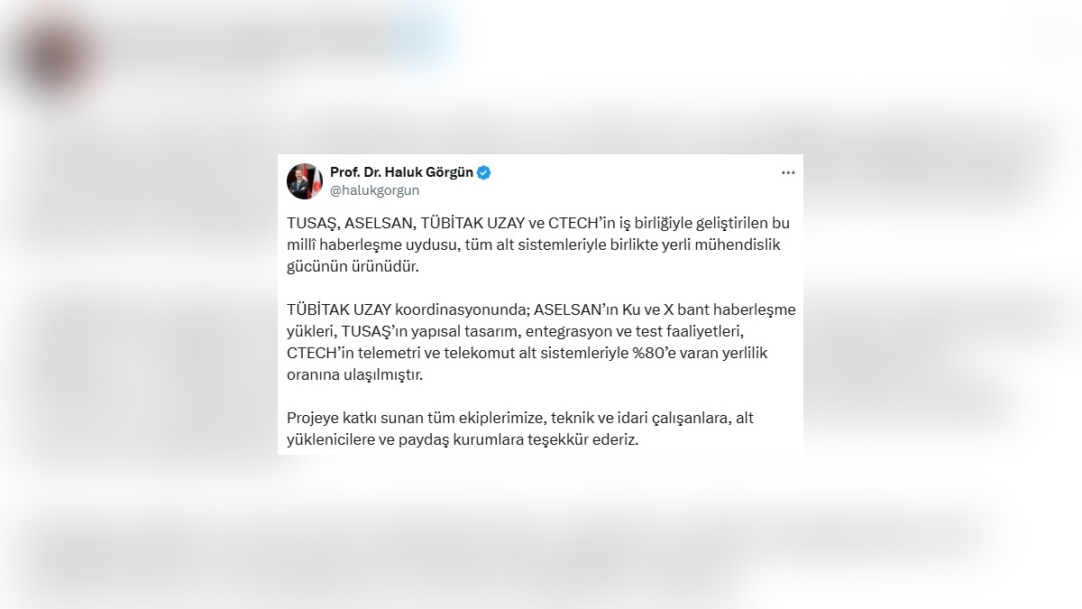 Görgün'den Türksat 6A paylaşımı: Yerli mühendisliğin zaferi