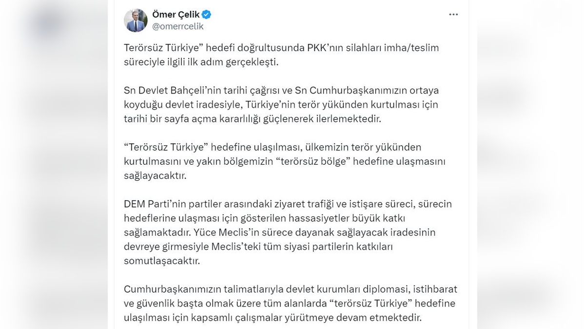 Ömer Çelik: Terörsüz Türkiye hedefi için kritik eşik geçildi