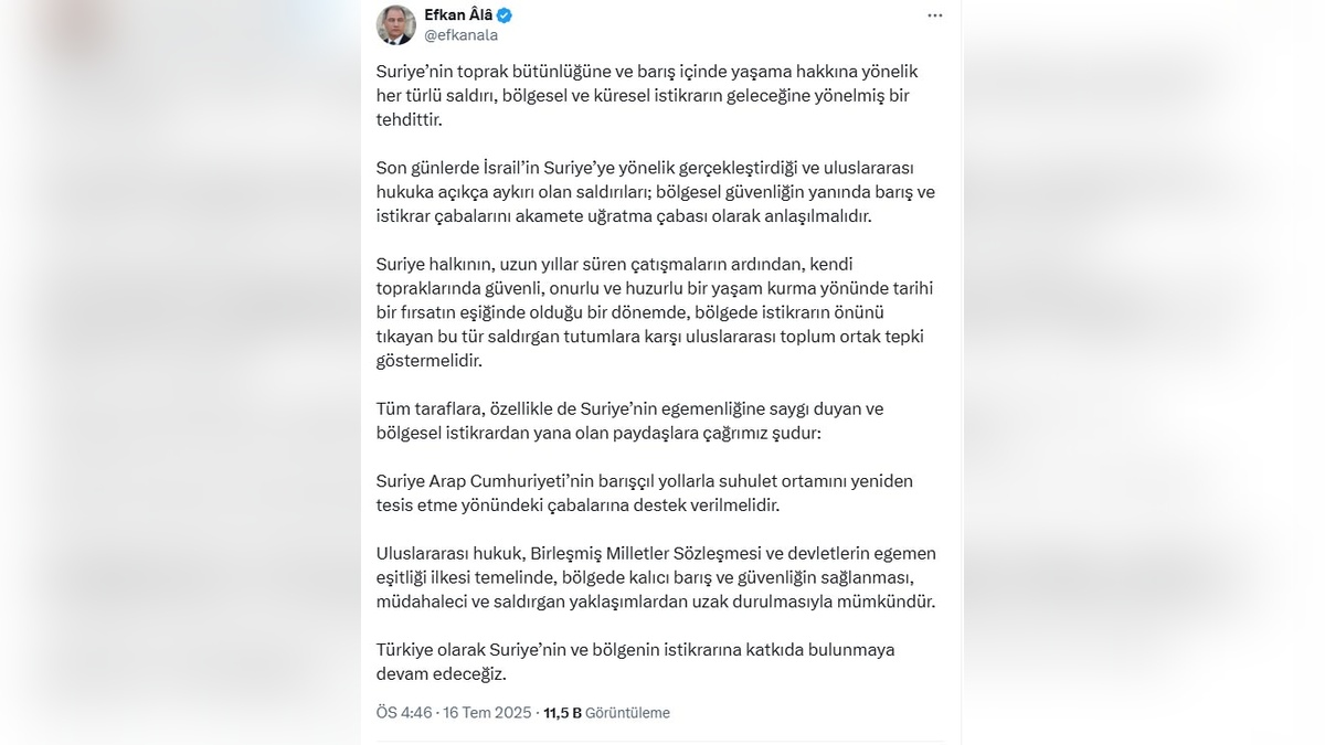 Ala: Suriye'ye saldırılar bölgesel ve küresel istikrarı tehdit ediyor