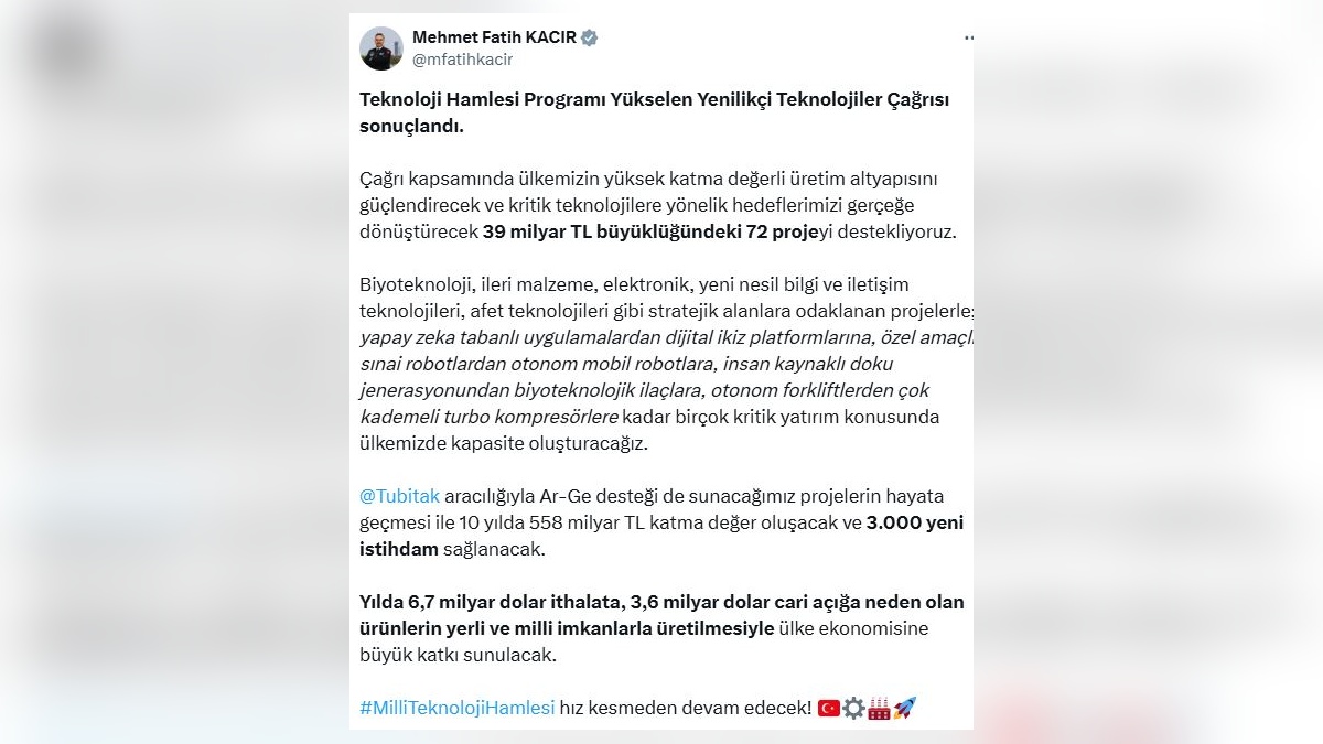 Kacır'dan 39 milyar TL'lik teknoloji yatırımı açıklaması