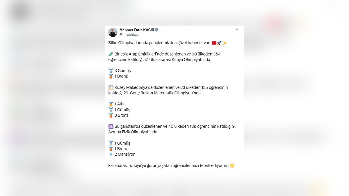 Bakan Kacır'dan olimpiyat madalyalı öğrencilere tebrik