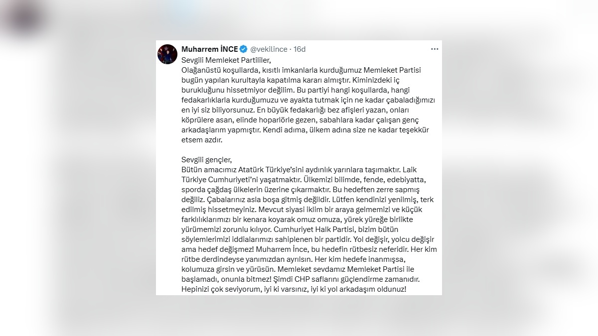 Memleket Partisi kapatıldı: Muharrem İnce CHP'ye destek çağrısı yaptı