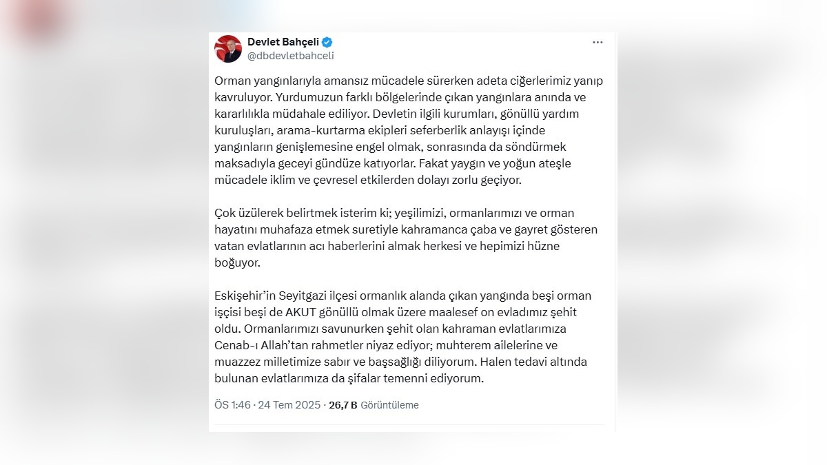 Bahçeli'den yangın şehitleri açıklaması: 10 vatan evladı şehit oldu