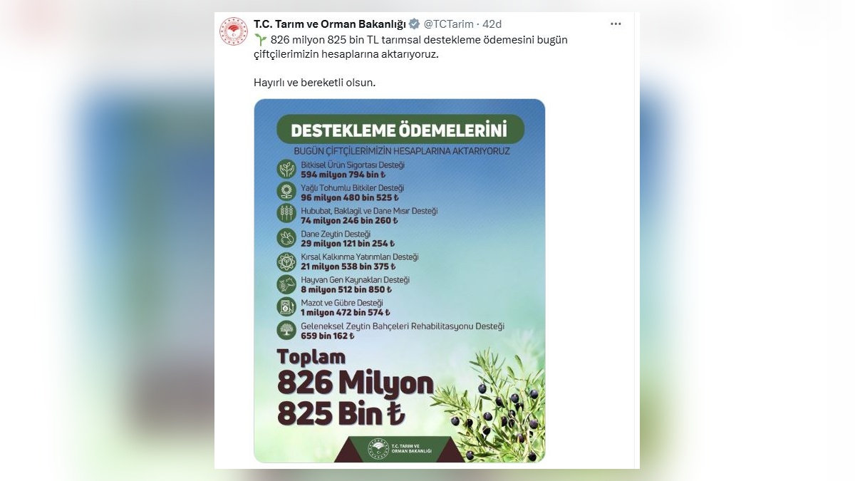 Tarım Bakanlığı: 826 milyon TL çiftçi desteği hesaplara geçti
