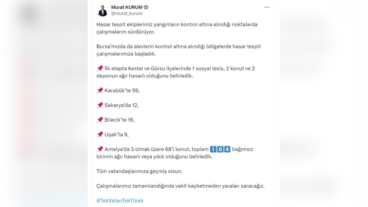 Kurum'dan yangın hasar tespiti açıklaması: 104 bağımsız birim ağır hasarlı
