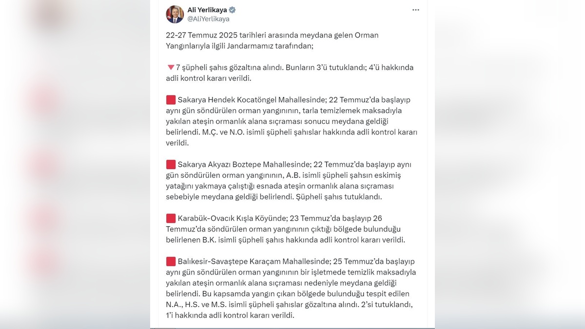 Yerlikaya: Orman yangınları soruşturması: 7 gözaltı, 3 tutuklama